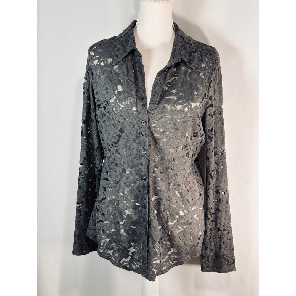 New York & Company Grey Sheer Floral Lace‎ Button Down Stretch Shirt Top Medium